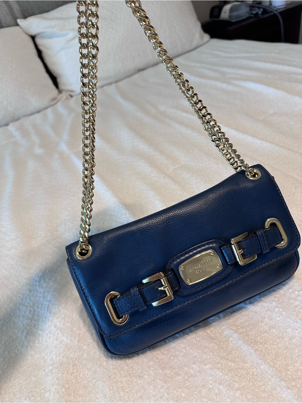 Michael Kors Navy Leather Shoulder Bag with Gold Hardware